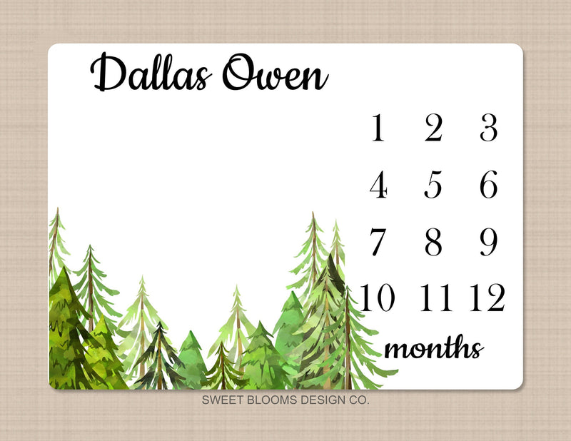 Forest Milestone Blanket Monthly Growth Tracker Baby Blanket Pine Trees Woodland Blanket Baby Bedding Shower Gift Monogram B252