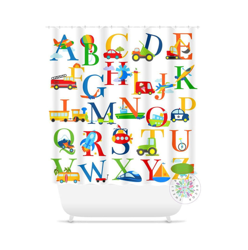 Transportation Alphabet Kids Shower Curtain Numbers Bath Mat Kids Girl Boy ABC Construction Bathroom Decor Siblings Brother Sister S142