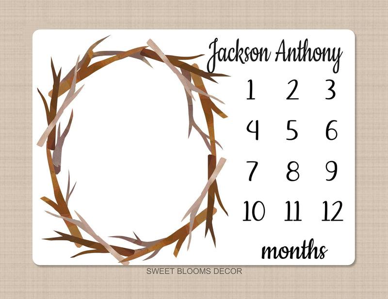 Woodland Baby Milestone Blanket Boy Wood Frame Rustic Birch Trees Green Leaves Wreath Leaf Gender Neutral Personalized Baby Shower Gift  899