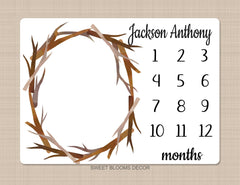 Woodland Baby Milestone Blanket Boy Wood Frame Rustic Birch Trees Green Leaves Wreath Leaf Gender Neutral Personalized Baby Shower Gift  899