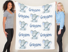 Elephants Baby Boy Name Blanket Personalized Newborn Baby Boy Blue Gray Name Blanket  Monogram  Baby Shower Gift Nursery Bedding Decor B663