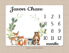 Woodland Milestone Blanket Baby Boy Girl Milestone Blanket Monthly Growth Tracker Woodland Animals Newborn Photo Prop Baby Shower Gift Leaf