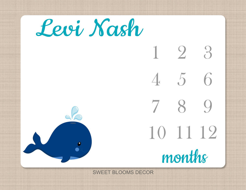 Whale Milestone Blanket Navy Blue Gray Teal Baby Boy Nautical Growth Tracker New Born Monogram Monthly Tracker Name Baby Shower Gift B904