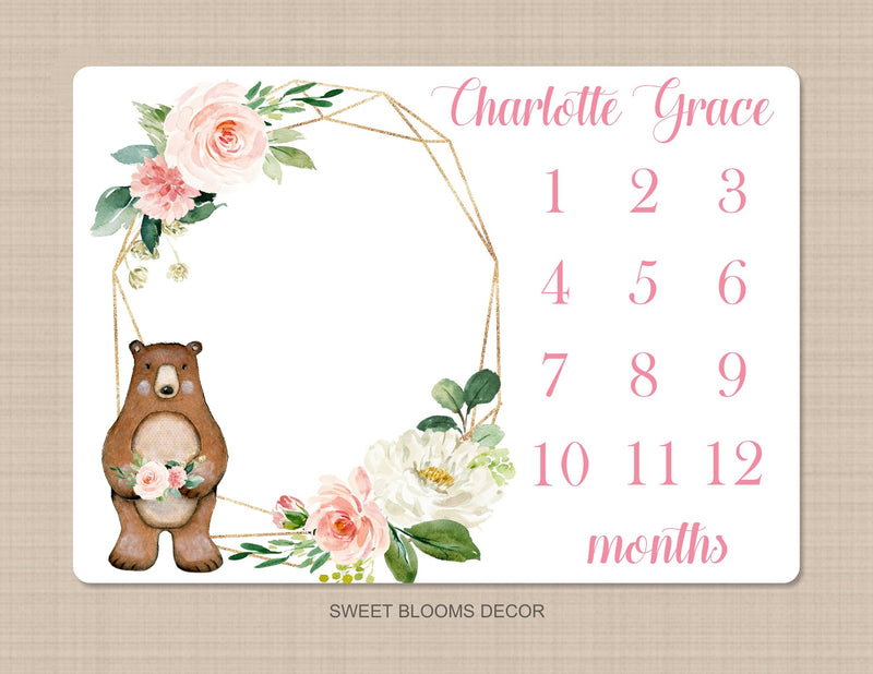 Bear Girl Milestone Blanket Pink Floral Woodland Monthly Growth Tracker Newborn Baby Girl Name Blanket Wreath Flowers Baby Shower Gift  B906