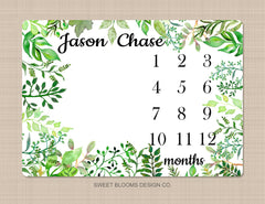 Milestone Blanket Monthly Baby Boy Growth Tracker Monthly Baby Blanket Watercolor Leaves Name Boy Nursery Bedding Shower Gift Decor B816