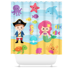 Mermaids Pirates Shower Curtain Sea Animals Brother Sister Shower Bathroom Decor Kids Bathroom Turtle Starfish Octopus Crab Fish S108