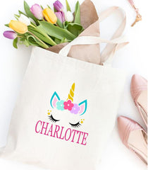 Unicorn Head TOTE BAG Personalized Kids Canvas School Bag Custom Preschool Daycare Toddler Girl Beach Tote Bag Birthday Gift Library  T147