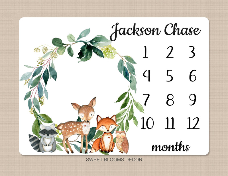 Woodland Milestone Blanket Baby Boy Girl Monthly Growth Tracker Personalized Woodland Animals Newborn Photo Prop Baby Shower Gift  865