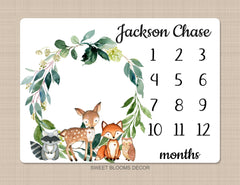 Woodland Milestone Blanket Baby Boy Girl Monthly Growth Tracker Personalized Woodland Animals Newborn Photo Prop Baby Shower Gift  865