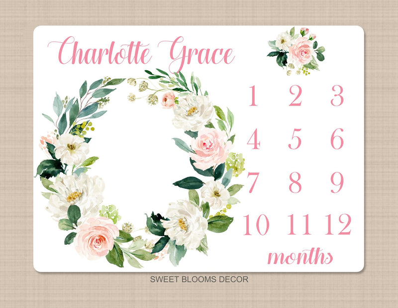 Milestone Blanket Girl Floral Wreath Coral Pink Blush Floral Personalized Newborn Baby Girl Watercolor Flowers Baby Shower Gift B888