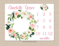 Milestone Blanket Girl Floral Wreath Coral Pink Blush Floral Personalized Newborn Baby Girl Watercolor Flowers Baby Shower Gift B887