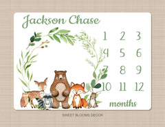 Woodland Milestone Blanket Baby Boy Monthly Growth Tracker Personalized Woodland Animals Blanket Newborn Photo Prop Baby Shower Gift  871