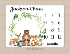 Woodland Milestone Blanket Baby Boy Monthly Growth Tracker Personalized Woodland Animals Blanket Newborn Photo Prop Baby Shower Gift  870