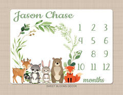 Animals Milestone Blanket Baby Boy Monthly Growth Tracker Personalized Woodland Animals Blanket Newborn Photo Prop Baby Shower Gift  863