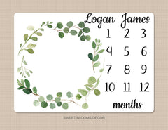 Eucalyptus Milestone Blanket Boy Girl Green Leaves Wreath Leaf Laurel  Gender Neutral Personalized Newborn Photo  Baby Shower Gift  853