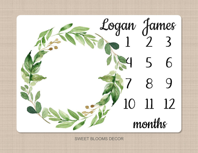 Baby Boy Milestone Blanket Green Leaves Wreath Leaf Laurel Eucalyptus Gender Neutral Personalized Newborn Photo  Baby Shower Gift  852