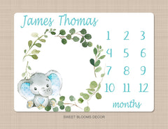 Elephant Milestone Blanket Baby Boy Monthly Growth Tracker Watercolor Personalized Wreath Animals Leaves Nursery Decor Baby Shower Gift B835