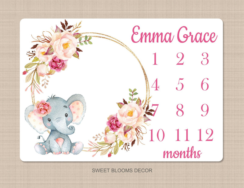 Elephant Girl Floral Milestone Blanket Watercolor Pink Blush Magenta Peach Personalized Newborn Baby Girl Roses Flowers Shower Gift B918