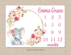 Elephant Girl Floral Milestone Blanket Watercolor Pink Blush Magenta Peach Personalized Newborn Baby Girl Roses Flowers Shower Gift B918