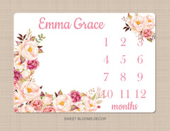 Girl Floral Milestone Blanket Watercolor Pink Blush Magenta Peach Wreath Personalized Newborn Baby Girl Roses Flowers Baby Shower Gift B920