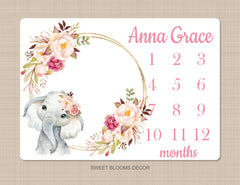 Elephant Girl Floral Milestone Blanket Watercolor Pink Blush Magenta Peach Personalized Newborn Baby Girl Roses Flowers Shower Gift B923