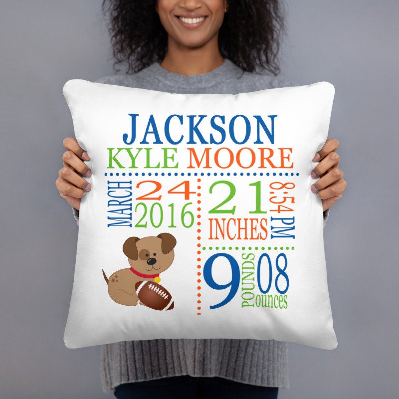 Puppy Dog Birth Announcement Pillow Sports Personalized Birth Stats Throw Pillow Baby Shower Gift  Football Baby Boy Nursery Decor  P103