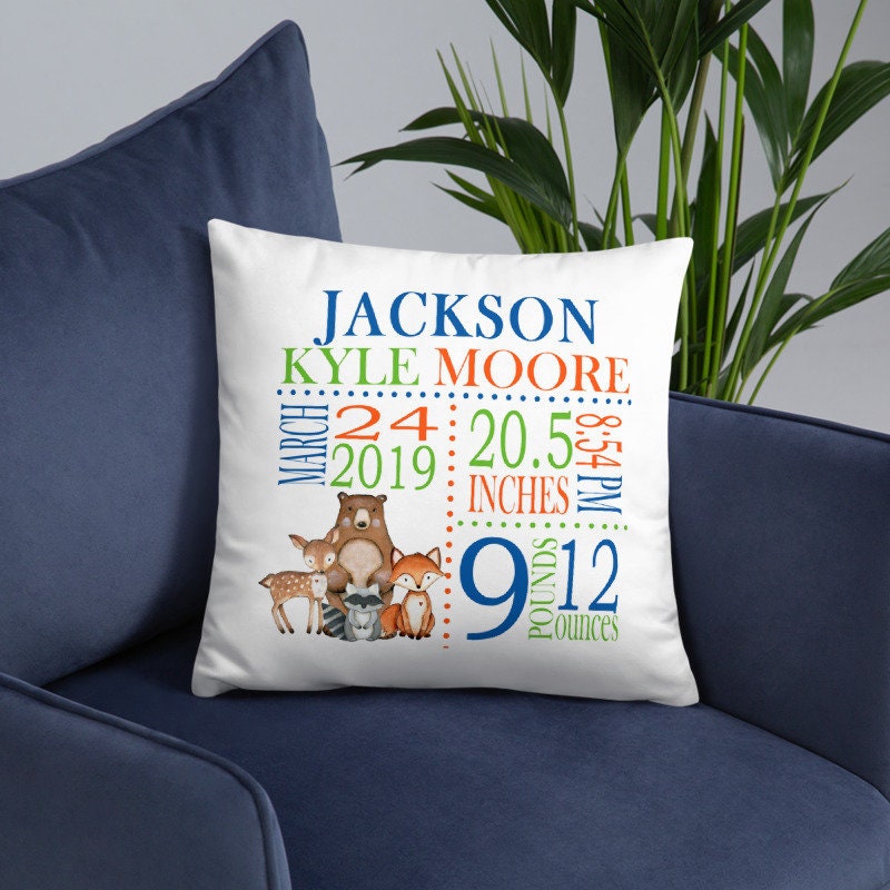 Woodland Animals Birth Announcement Pillow Personalized Birth Stats Throw Pillow Baby Shower Gift Baby Boy Nursery Decor Bedding P178