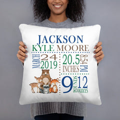 Woodland Animals Birth Announcement Pillow Personalized Birth Stats Throw Pillow Baby Shower Gift Baby Boy Nursery Decor Bedding P177