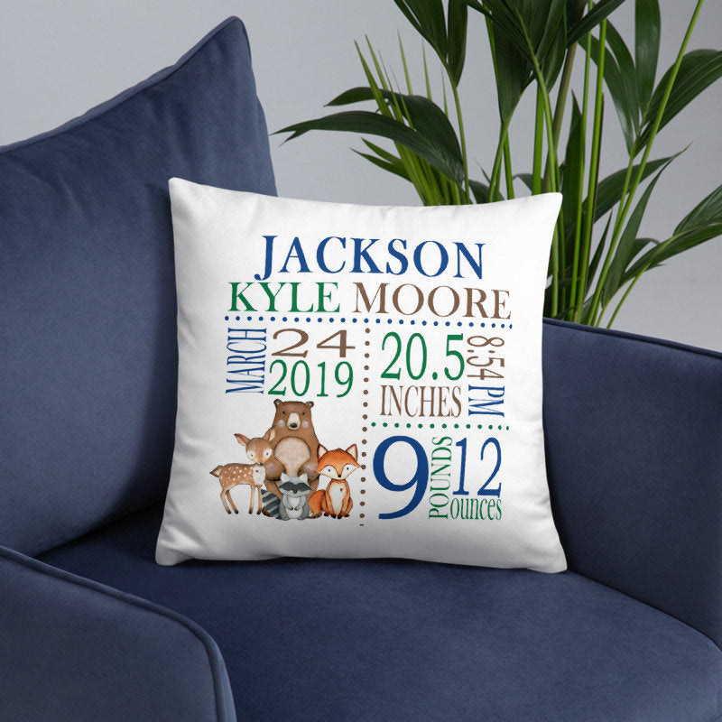 Woodland Animals Birth Announcement Pillow Personalized Birth Stats Throw Pillow Baby Shower Gift Baby Boy Nursery Decor Bedding P177