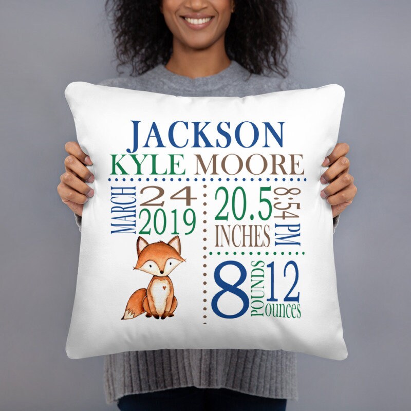 Fox Birth Announcement Pillow Personalized Birth Stats Throw Pillow Baby Shower Gift Woodland Baby Boy Nursery Decor Bedding Navy Brown P179