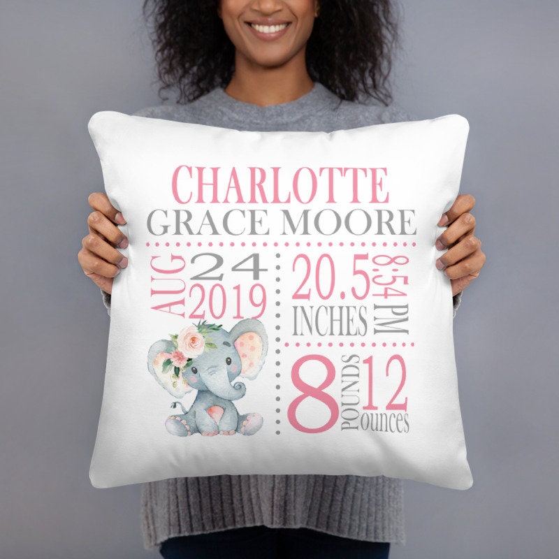 Elephant Girl Birth Announcement Pillow Floral Personalized Birth Stats Throw Pillow Baby Shower Gift Nursery Decor Bedding Pink Gray P181