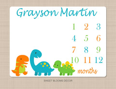 Dinosaurs Milestone Blanket Baby Boy Monthly Growth Tracker Newborn Name Blanket Baby Shower Gift Bedding Nursery Decor Green Orange B929