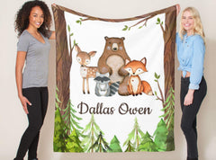 Woodland Baby Boy Name Blanket Greenery Leaves Trees Personalized  Baby Boy Blanket Monogram Name Custom Blanket Baby Shower Gift B896