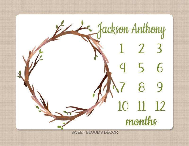 Baby Milestone Blanket Boy Wood Frame Rustic Birch Trees Green Leaves Wreath Leaf Gender Neutral Personalized Baby Shower Gift  898