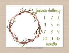 Baby Milestone Blanket Boy Wood Frame Rustic Birch Trees Green Leaves Wreath Leaf Gender Neutral Personalized Baby Shower Gift  898