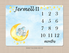 Elephants Luna Moon Stars Milestone Blanket Baby Boy Monthly Growth Twinkle Little Stars Personalized Shower Gift Nursery Bedding B938