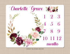 Floral Girl Milestone Blanket Personalized Blush Pink Purple Magenta Burgundy Red Watercolor Flowers Wreath Baby Girl Name Shower Gift B947