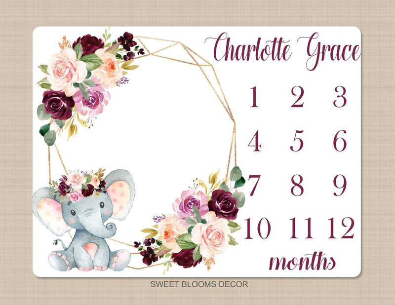 Elephant Floral Girl Milestone Blanket Blush Pink Purple Magenta Burgundy Red Maroon Watercolor Flowers Wreath Baby Name Shower Gift B952