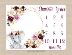 Elephant Floral Girl Milestone Blanket Blush Pink Purple Magenta Burgundy Red Maroon Watercolor Flowers Wreath Baby Name Shower Gift B952