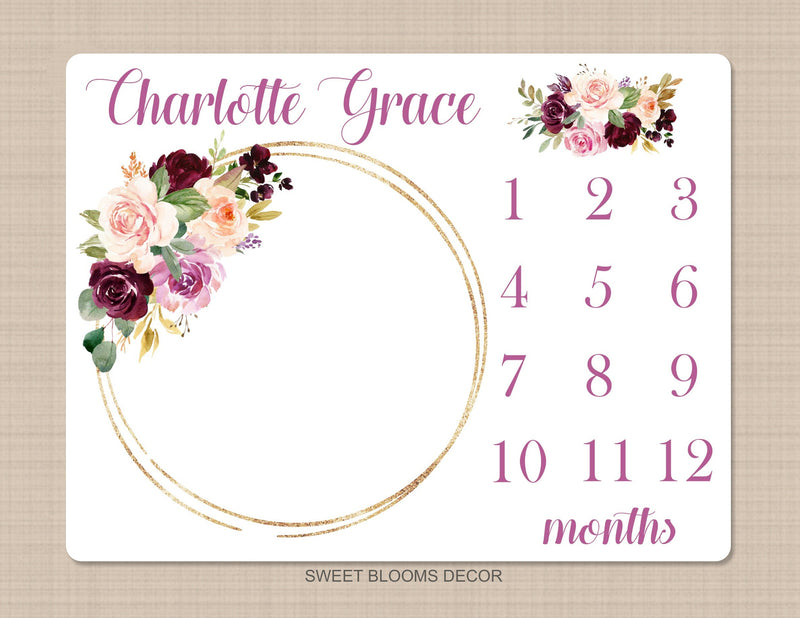 Floral Girl Milestone Blanket Blush Pink Purple Magenta Burgundy Red Maroon Watercolor Flowers Wreath Baby Name Shower Gift Gold Frame B948