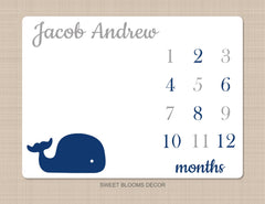 Whale Milestone Blanket Navy Blue Gray Baby Boy Nautical Growth Tracker New Born Blanket Monthly Tracker Name Baby Shower Gift Bedding B963