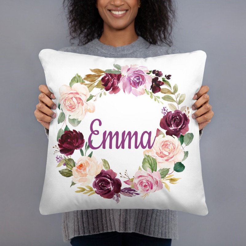 Floral Girl Name Throw Pillow Blush Pink Purple Magenta Burgundy Red Maroon Flowers Leaves Wreath Cushion Watercolor Monogram Bedding  183