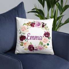 Floral Girl Name Throw Pillow Blush Pink Purple Magenta Burgundy Red Maroon Flowers Leaves Wreath Cushion Watercolor Monogram Bedding  183