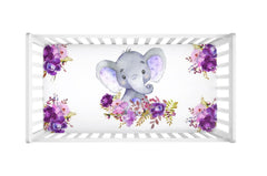 Elephants Baby Girl Crib Sheet, Watercolor Purple Lavender Floral Flowers Newborn Baby Shower Gift  C102