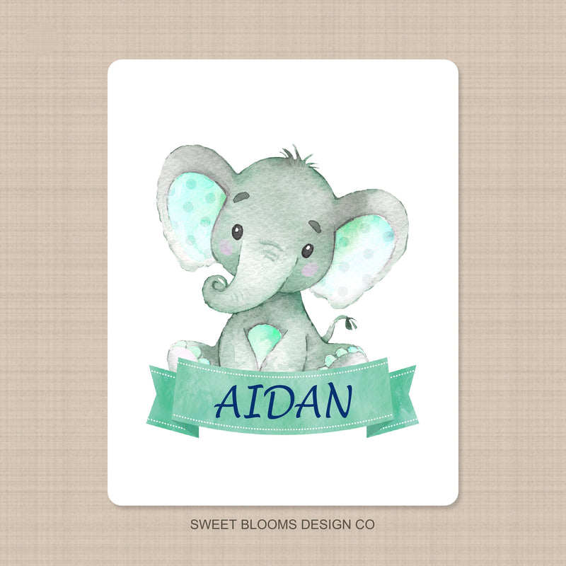 Elephants Baby Name Blanket Watercolor Newborn Baby Boy Mint Green Navy Name Blanket  Monogram  Baby Shower Gift Nursery Bedding Decor B910