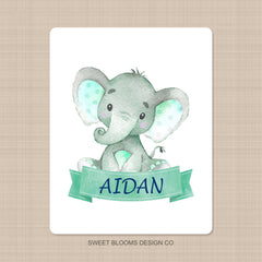 Elephants Baby Name Blanket Watercolor Newborn Baby Boy Mint Green Navy Name Blanket  Monogram  Baby Shower Gift Nursery Bedding Decor B910