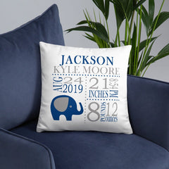 Elephant Birth Announcement Pillow Personalized Birth Stats Throw Pillow Baby Shower Gift Baby Boy Nursery Decor Bedding Navy Blue Gray P192