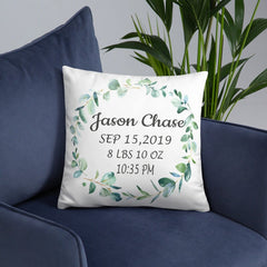 Boy Birth Announcement Pillow Eucalyptus Leaves Wreath Leaf Baby Boy Personalized Baby Shower Gift Nursery Decor  Birth Stats Bedding P194