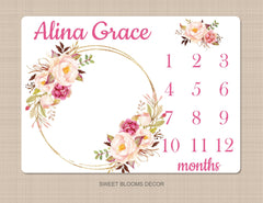 Girl Floral Milestone Blanket Watercolor Pink Blush Magenta Peach Wreath Personalized Newborn Baby Girl Roses Flowers Baby Shower Gift B916