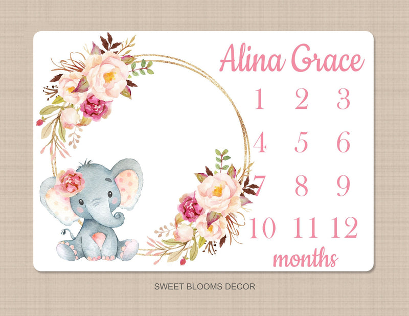 Elephant Girl Floral Milestone Blanket Watercolor Pink Blush Magenta Peach Personalized Newborn Baby Girl Roses Flowers Shower Gift B917